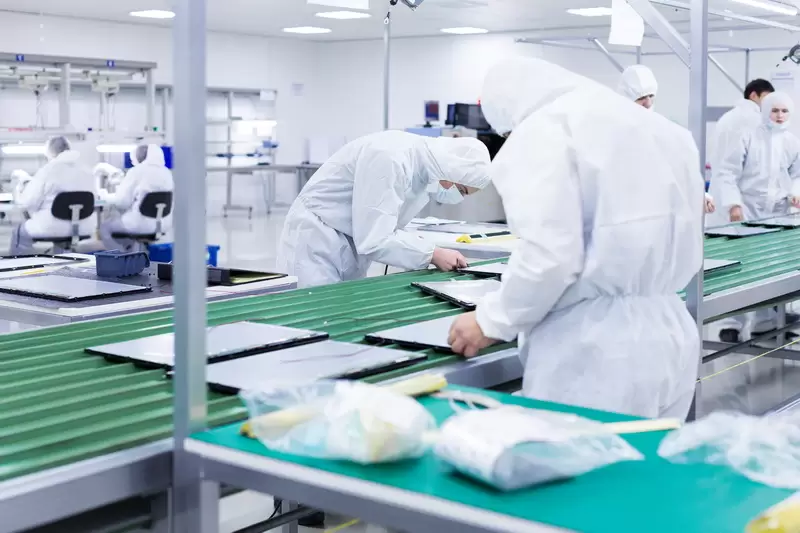 Factory Workers White Lab Suits Face Masks Producing Tv Sets Green Assembly Line Jpg