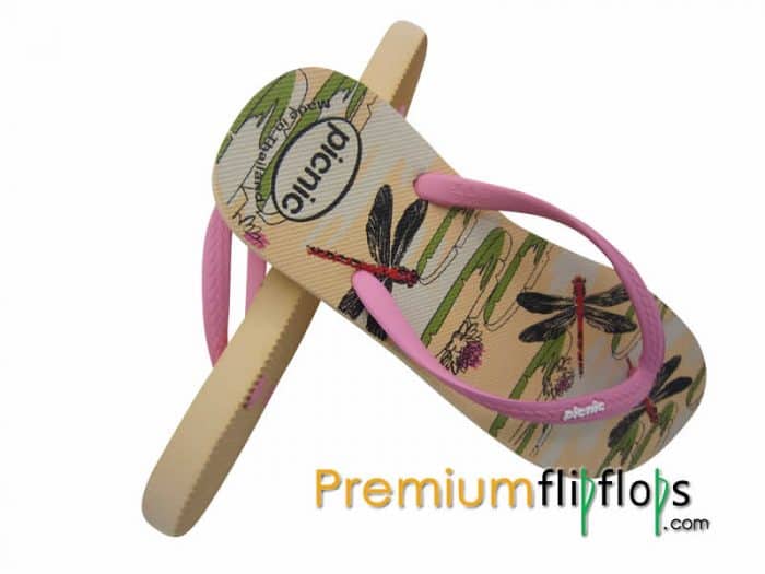 Dragonfly Picnic Screen Print Natural Rubber Slippers -Birch And Pink - Image 2