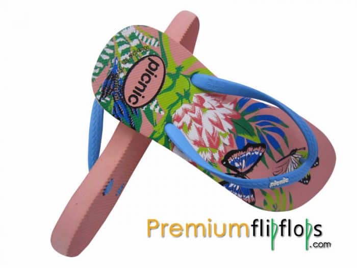 Flower And Butterflies Picnic Screen Print Natural Rubber Slippers -Pink And Sky Blue - Image 2