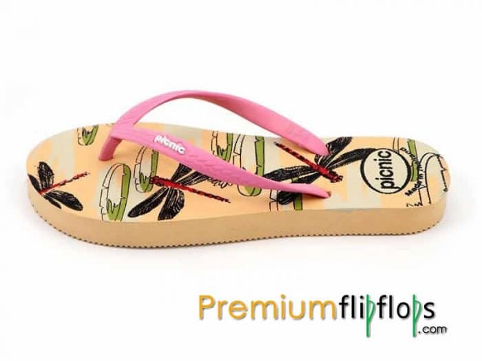 Dragonfly Picnic Screen Print Natural Rubber Slippers -Birch And Pink - Image 5