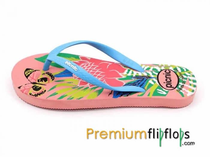 Flower And Butterflies Picnic Screen Print Natural Rubber Slippers -Pink And Sky Blue - Image 5