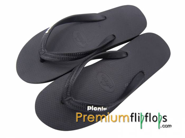 Ebony Black Picnic Logo Embossed Slick Series Natural Rubber Flip-Flops Charcoal Black Strap
