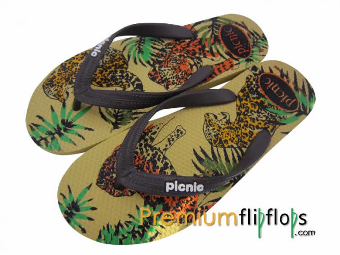 Macan Tutul Picnic Screen Print Sandal Karet Alam -Krem Dan Coklat Muda