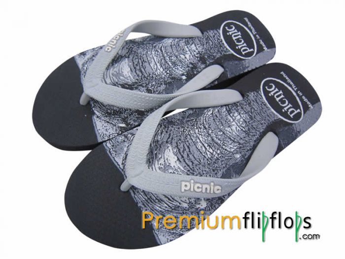 Jumbo Elephant Picnic Screen Print Natural Rubber Slippers -Black And Light Grey