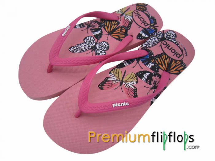 Beaux Papillons Picnic Sérigraphie Pantoufles En Caoutchouc Naturel -Rose Et Fuchsia