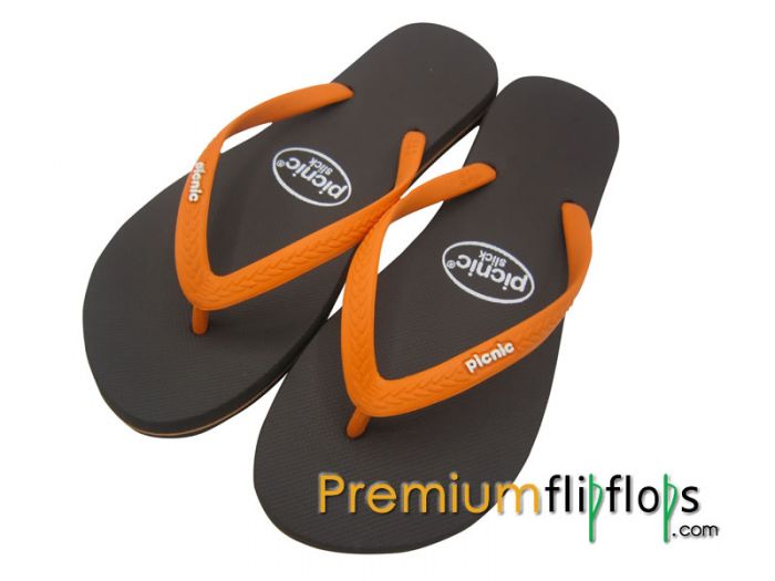 Sandal Jepit Karet Licin Piknik Coklat Tua Tali Wortel Oranye