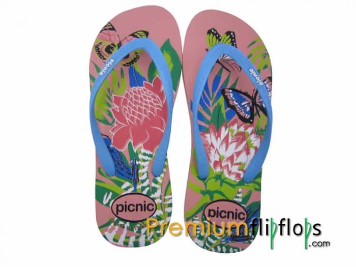 Flower And Butterflies Picnic Screen Print Natural Rubber Slippers -Pink And Sky Blue - Image 3