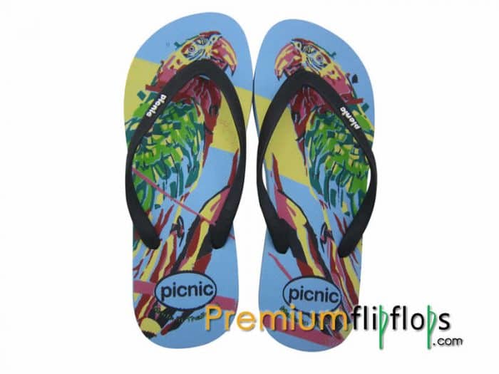 Burung Beo Ekor Panjang Picnic Sablon Sandal Karet Alam -Biru Langit Dan Hitam - Gambar 3