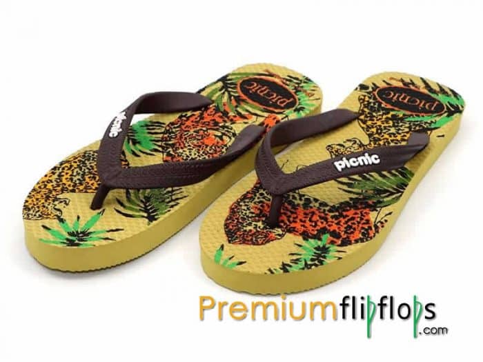 Macan Tutul Picnic Screen Print Sandal Karet Alam -Krem Dan Coklat Muda - Gambar 6