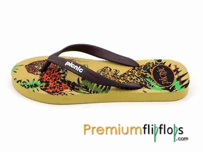 Macan Tutul Picnic Screen Print Sandal Karet Alam -Krem Dan Coklat Muda - Gambar 5