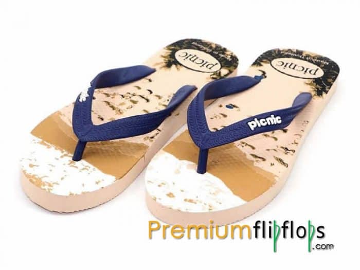 Sand And Beach Picnic Screen Print Natural Rubber Slippers -Birch And Navy - Image 6