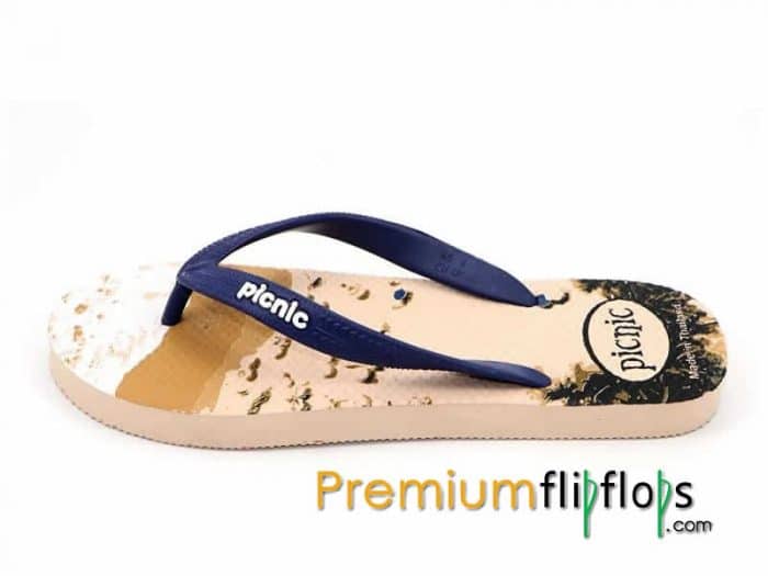 Sand And Beach Picnic Screen Print Natural Rubber Slippers -Birch And Navy - Image 5