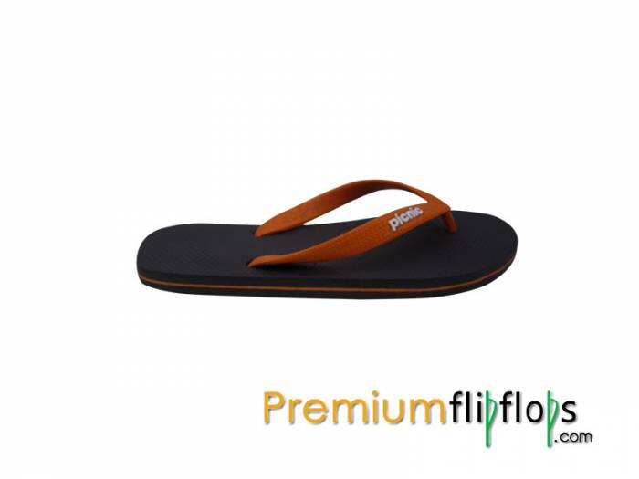 Tongs En Caoutchouc Naturel Lisse Avec Logo Picnic Marron Acajou Gaufré Sangle Orange Souci – Image 4