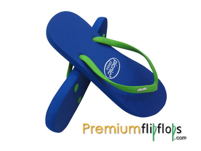 Sandal Jepit Karet Klasik Piknik &Quot;Biru Mesir&Quot; Tali Neon Merah - Gambar 2